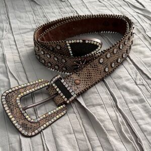 Studded Brown Tan Belt with Rhinestone Buckle